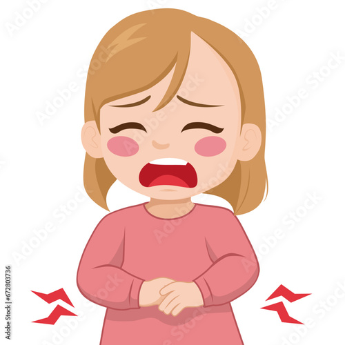 Cute little girl suffering from stomachache vector illustration. Small child with diarrhea, abdominal pain, gastritis, or food poisoning holding her hurt belly