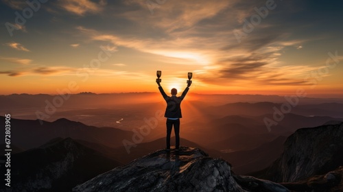Silhouette of a businessman holding a trophy on top of a mountain, Business and success concept