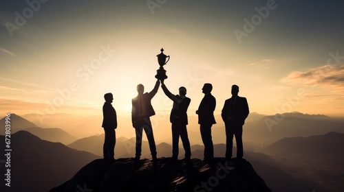 Silhouette group of businessman holding a trophy on top of a mountain, Business and success concept