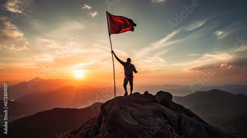 Silhouette Businessman with flag on peak mountain, Business and success concept