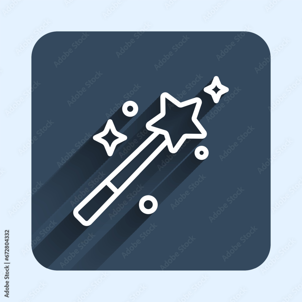 White line Magic wand icon isolated with long shadow background. Star shape magic accessory. Magical power. Blue square button. Vector White line Magic wand icon isolated with long shadow background. Star shape magic accessory. Magical power. Blue square button. Vector