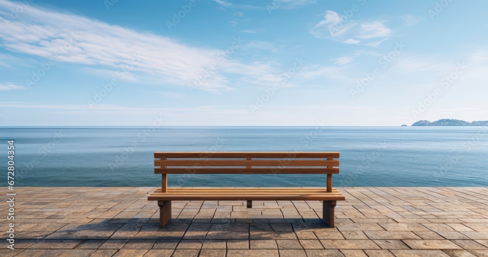 Harbor Haven - An empty bench sitting on a pier with a calm ocean in the background. Generative AI