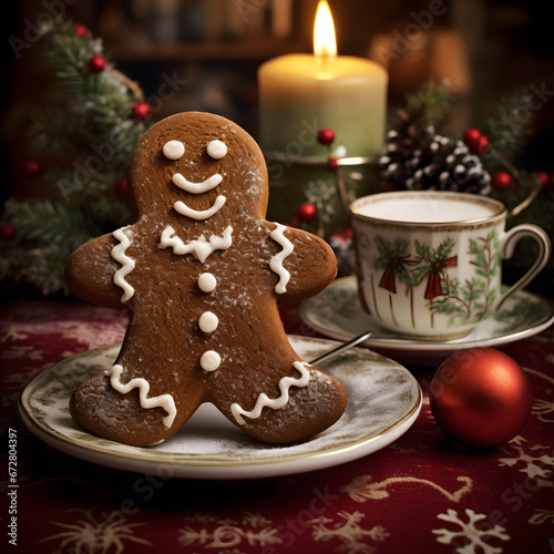 christmas gingerbread cookies, brown ginger bread man on white plate with spoon on red with white piece of cloth, other cup and saucer on the table along with a candle, red ornamental ball, delightful