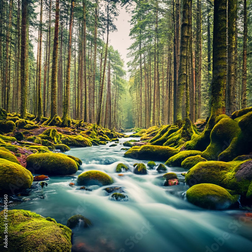 meandering river surrounded by moss-covered rocks in a dense forest.