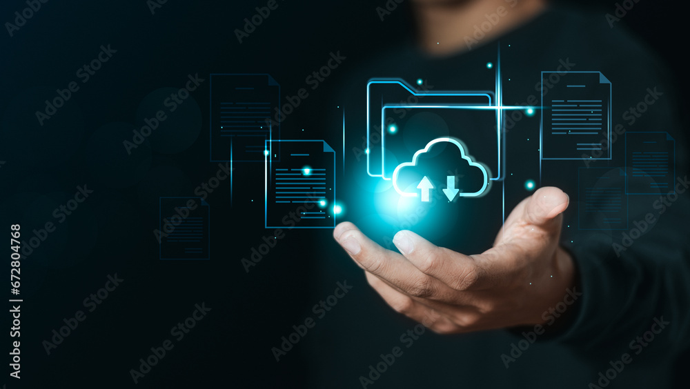 Businessman holding database to store files document data digital for