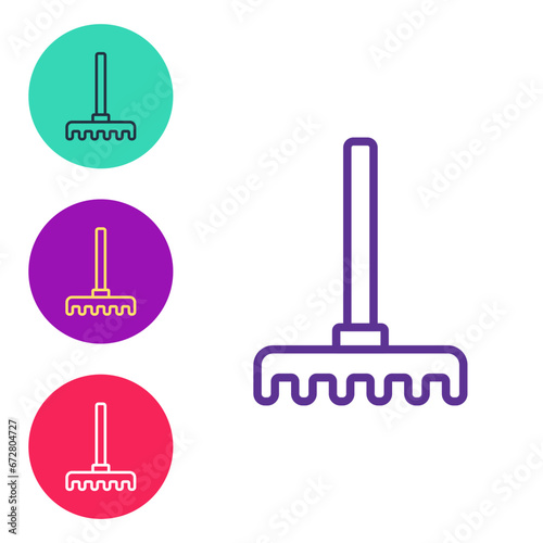 Set line Garden rake icon isolated on white background. Tool for horticulture, agriculture, farming. Ground cultivator. Housekeeping equipment. Set icons colorful. Vector
