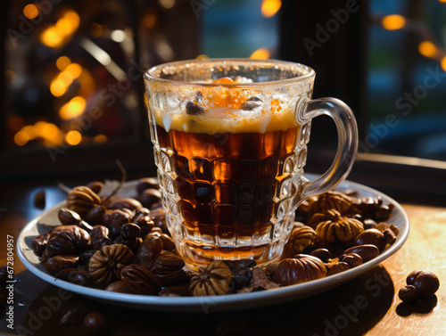 Coffee drink with various ingredients, in a transparent glass. 