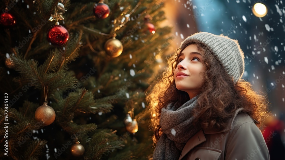 a beautiful woman smelling a christmas tree at a christmas treestack, Generative Ai a beautiful woman smelling a christmas tree at a christmas treestack, Generative Ai