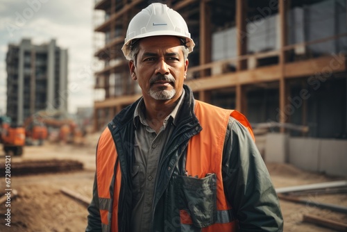 Portrait of a handsome adult male builder, contractor wearing a white helmet against the background of an object under construction with workers