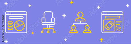 Set line Online shopping on screen, Employee hierarchy, Office chair and Pie chart infographic icon. Vector