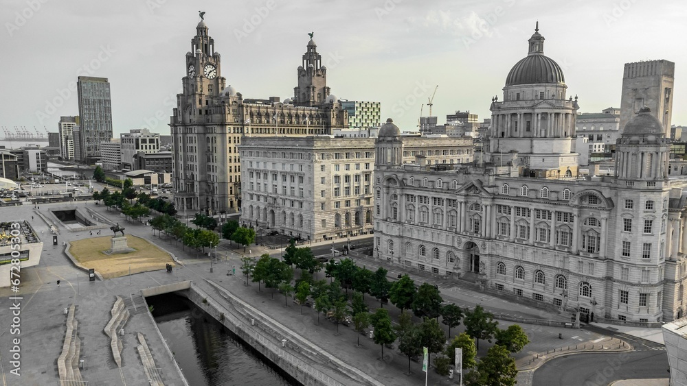 drone view of Liverpool city - Albert dock - Royal Liver Building