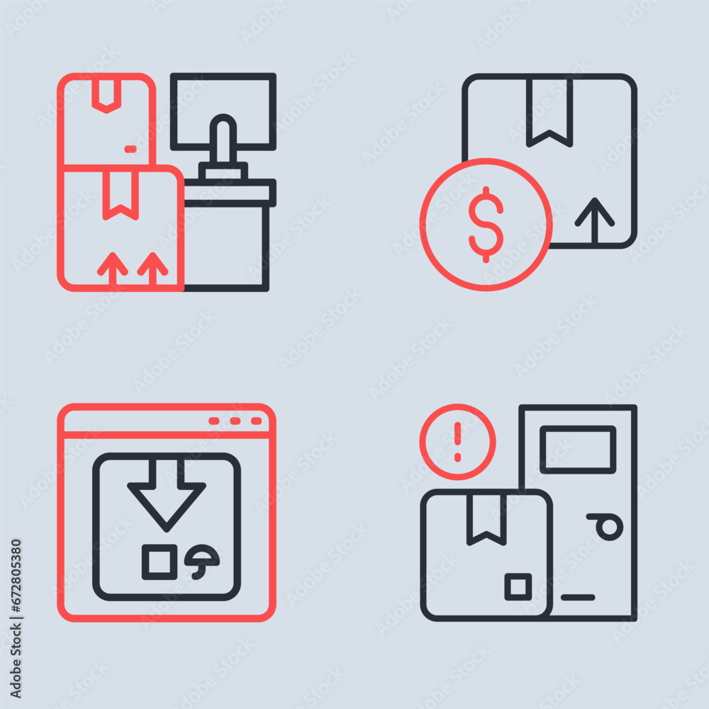 Set line Carton cardboard box, Online app delivery tracking, Home services and Warehouse with boxes icon. Vector Set line Carton cardboard box, Online app delivery tracking, Home services and Warehouse with boxes icon. Vector