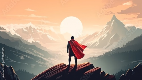 Businessman as superhero with red cape standing and looking on the top of mountain landscape, Business and success concept