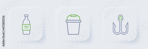 Set line Fishing hook, bucket and Bottle of vodka icon. Vector