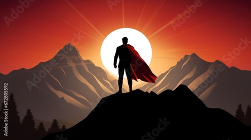 Businessman as superhero with red cape standing and looking on the top of mountain landscape, Business and success concept