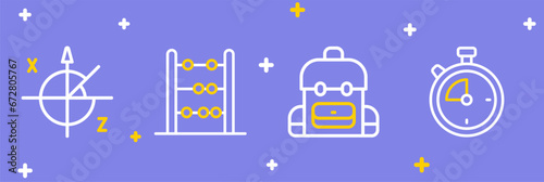Set line Stopwatch, School backpack, Abacus and Trigonometric circle icon. Vector