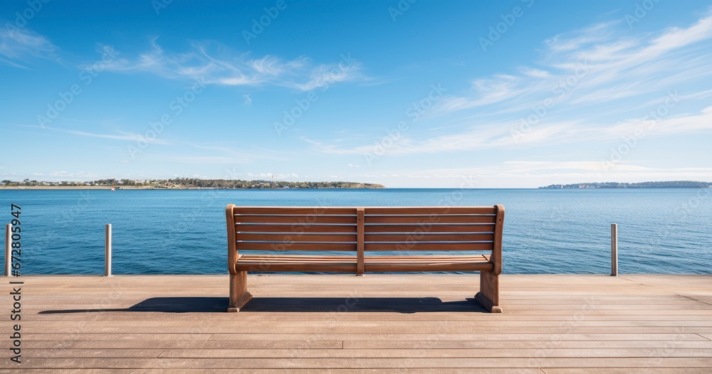The Serenity of an Unoccupied Bench on the Pier with a calm ocean in the background. Generative AI The Serenity of an Unoccupied Bench on the Pier with a calm ocean in the background. Generative AI