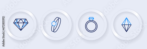 Set line Gem stone, Diamond engagement ring, and icon. Vector