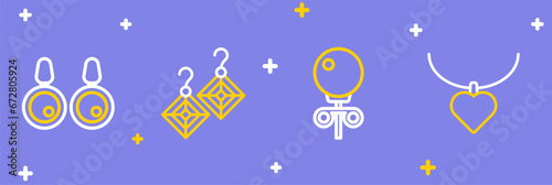 Set line Necklace with heart shaped, Stud earrings, Earrings and icon. Vector