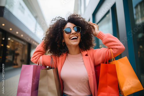 Happy woman with paper bags goes shopping photo