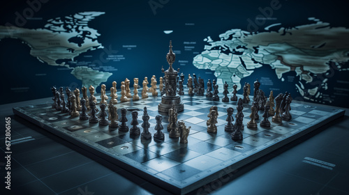 Geopolitics chess in 3D render of a map