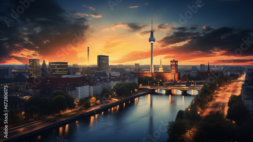Beautiful Berlin skyline in the sunset over the river
