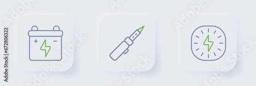 Set line Lightning bolt, Soldering iron and Car battery icon. Vector