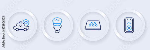 Set line Taxi mobile app, car roof, driver and Location taxi icon. Vector