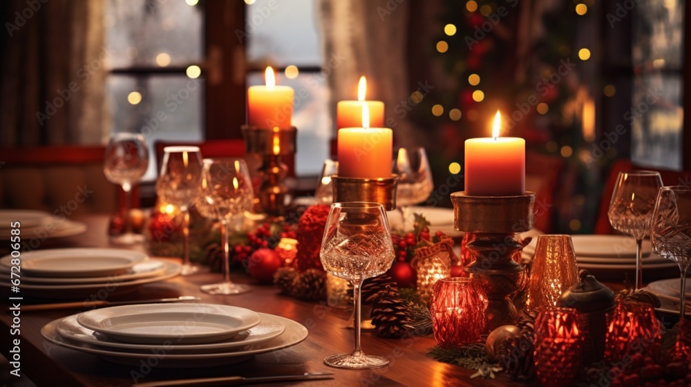 Softly glowing candles casting a warm light on a table set with festive, holiday-themed placemats.