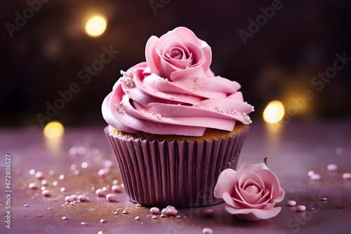 Cupcakes with pink frosting and sugar rose photo