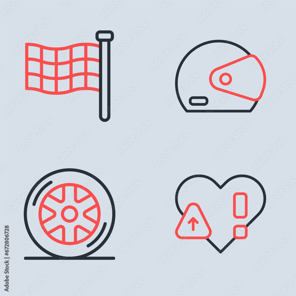 Set line Racing helmet, Car wheel, Heart rate and Checkered flag icon. Vector Set line Racing helmet, Car wheel, Heart rate and Checkered flag icon. Vector
