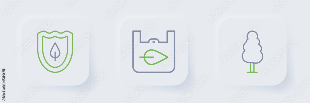 Set line Tree, Shopping bag with recycle and Shield leaf icon. Vector Set line Tree, Shopping bag with recycle and Shield leaf icon. Vector