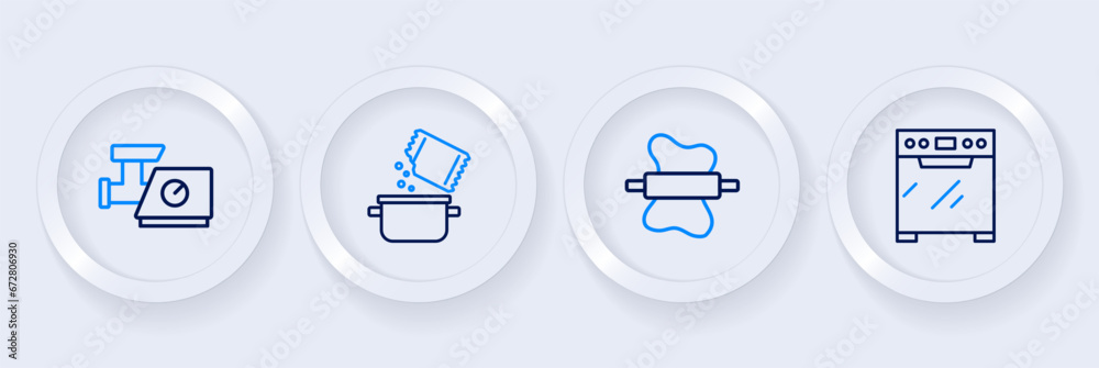 Set line Oven, Rolling pin on dough, Cooking pot and spice and Kitchen meat grinder icon. Vector