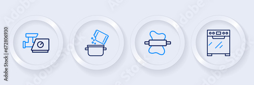 Set line Oven, Rolling pin on dough, Cooking pot and spice and Kitchen meat grinder icon. Vector © Iryna