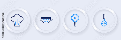 Set line Spatula, Frying pan, Kitchen colander and Chef hat icon. Vector