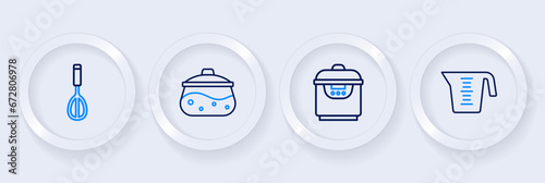 Set line Measuring cup, Slow cooker, Cooking pot and Kitchen whisk icon. Vector