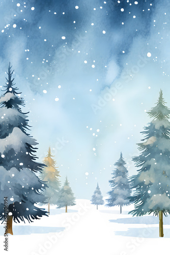Abstract watercolor style drawing with trees with falling snow in winter landscape and copy space in middle