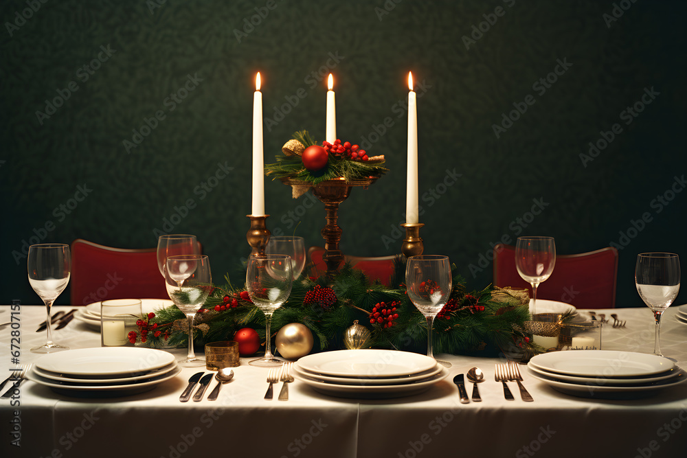 Elegant Christmas dinner table setup.