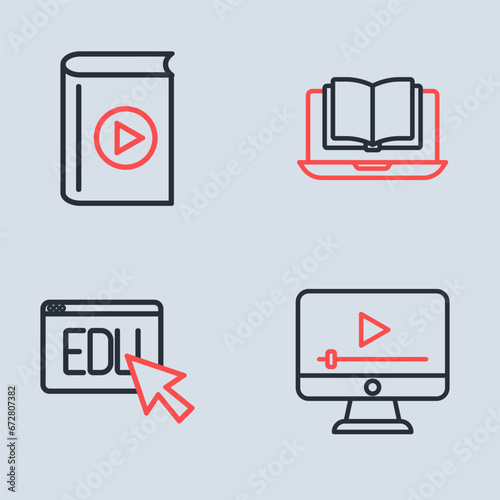 Set line Online class, education, play video and Audio book icon. Vector photo