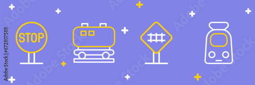 Set line Train and railway, Railroad crossing, Oil cistern and Stop sign icon. Vector