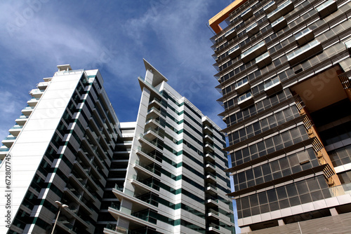 Set of a multistoried residential quarter from high buildings, skyscrapers close to each other without people