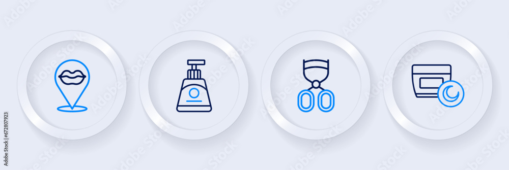Set line Cream or lotion cosmetic tube, Eyelash curler, and Smiling lips icon. Vector Set line Cream or lotion cosmetic tube, Eyelash curler, and Smiling lips icon. Vector