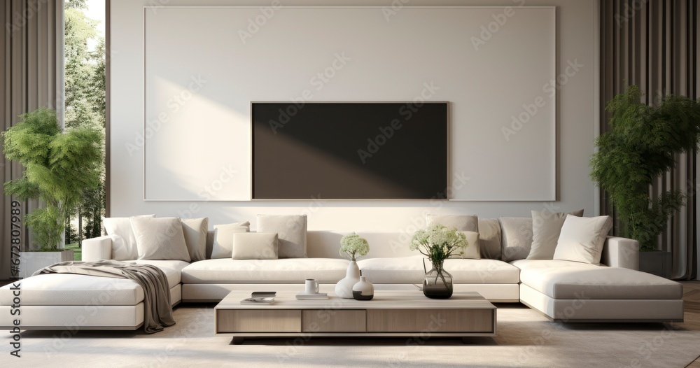 Fototapeta premium An Elegant Living Room with a Vacant Frame for Artistic Expression. Generative AI