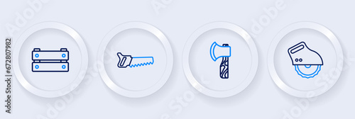 Set line Electric circular saw, Wooden axe, Hand and box icon. Vector