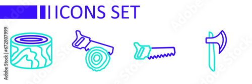 Set line Wooden axe, Hand saw, log and logs icon. Vector
