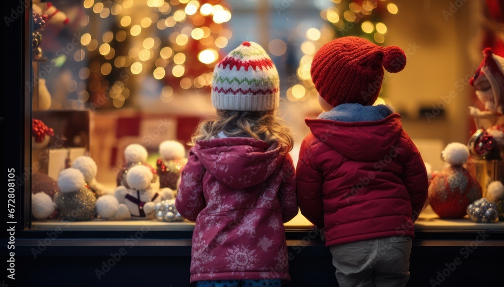 Photo of Children's Wonderment: Peering Through the Window at Festive Christmas Decorations Photo of Children's Wonderment: Peering Through the Window at Festive Christmas Decorations