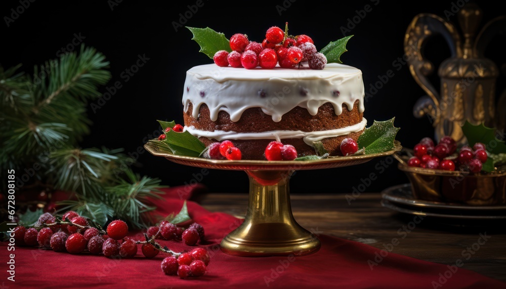 Photo of a Delicious White Frosted Cake Adorned with Fresh Berries