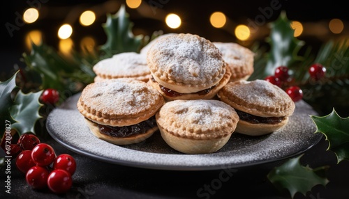 Photo of a Festive Platter of Mini Mince Pies with Holly Decorations