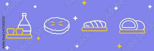 Set line Sushi, Fish steak, Homemade pie and Bottle of sake icon. Vector