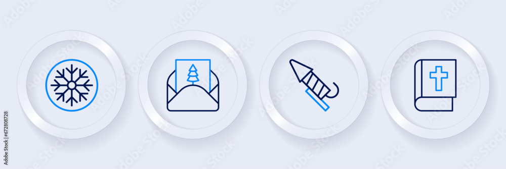 Set line Holy bible book, Firework rocket, Envelope and Snowflake icon. Vector Set line Holy bible book, Firework rocket, Envelope and Snowflake icon. Vector